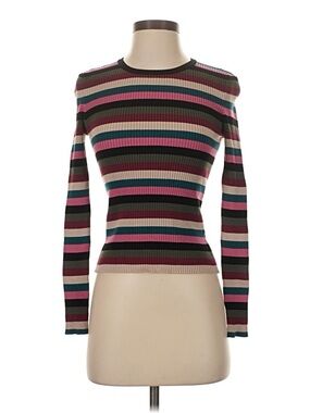Forever 21 Striped Ribbed Long Sleeve Top in Pink, Teal, Brown, Black & Cream